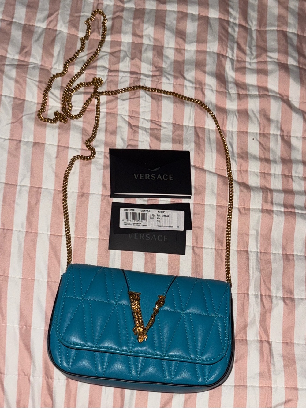 NWT Versace Virtus Bright Teal (blue) Mini Quilted Bag with Gold Chain! - Picture 7 of 9